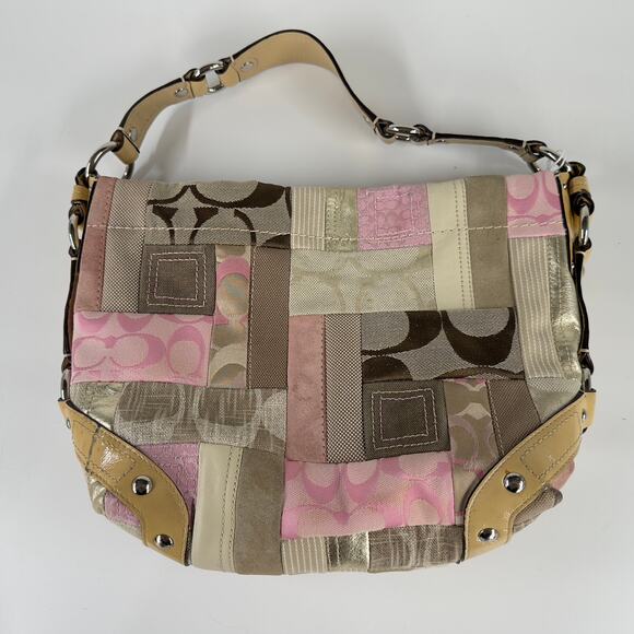 Coach Patchwork Shoulder Bag Pink Tan Multi Fabric Leather Trim 14”x10” - Picture 2 of 7